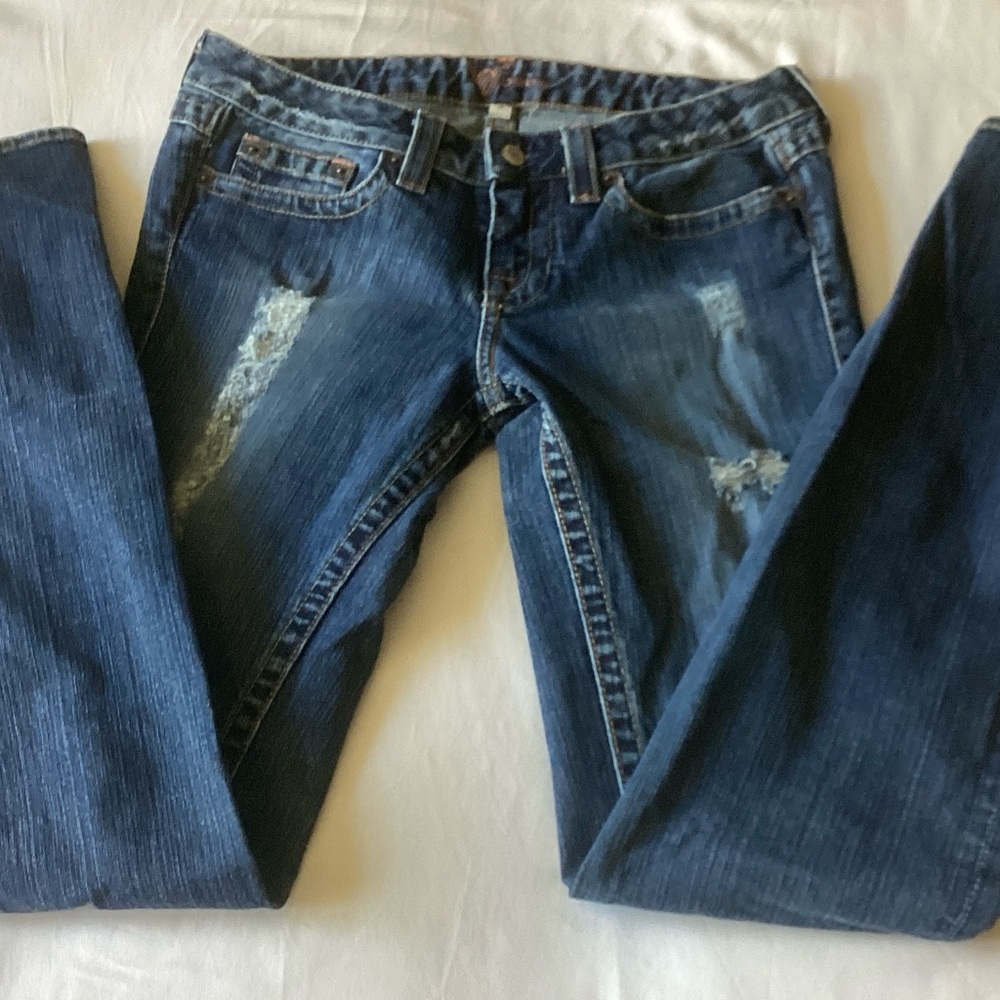 NWOT BEBE Blue Jeans with Distressed Details and Rhinestones in Back Pockets!